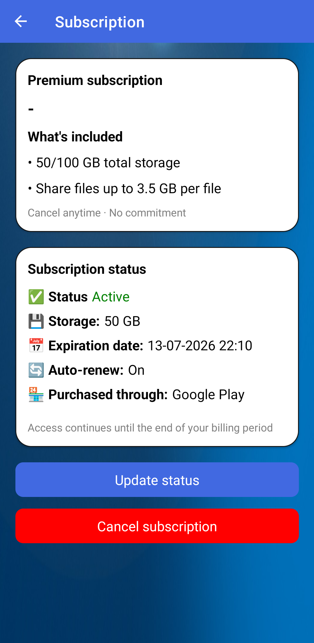Subscription page